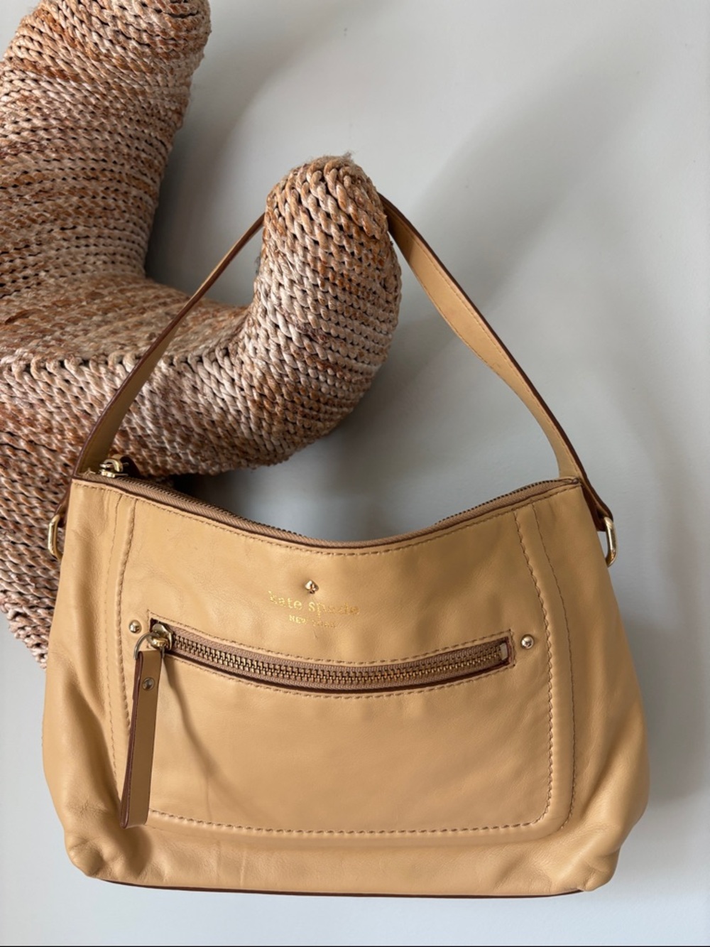 kate spade Beige Leather Shoulder Bag with Front Zip Pocket